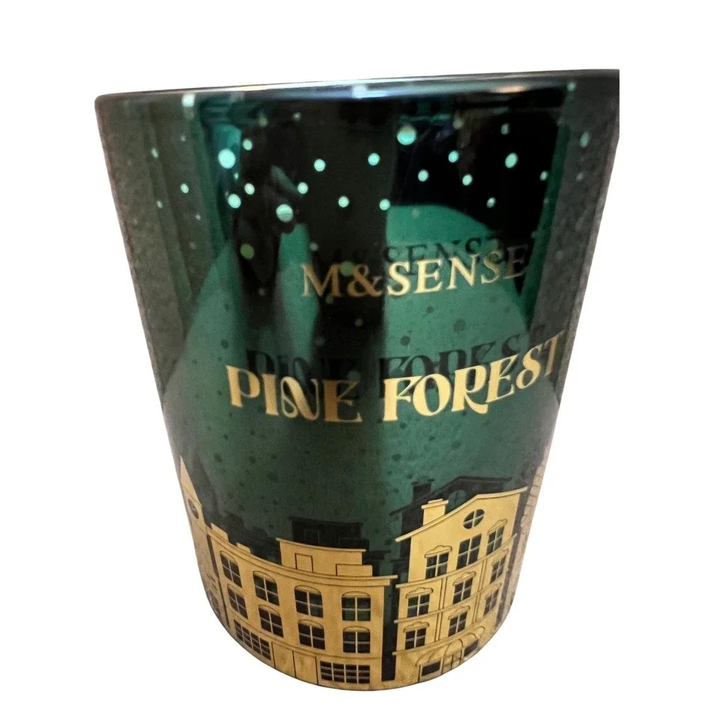 M&SENSE Pine Forest Scented Candle Emerald Green Mercury Glass Holiday Village